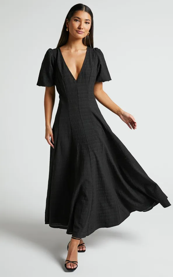 Showpo Jackelyn Midi Dress 8211 Puff Sleeve V Neck Dress In Black Women Dresses