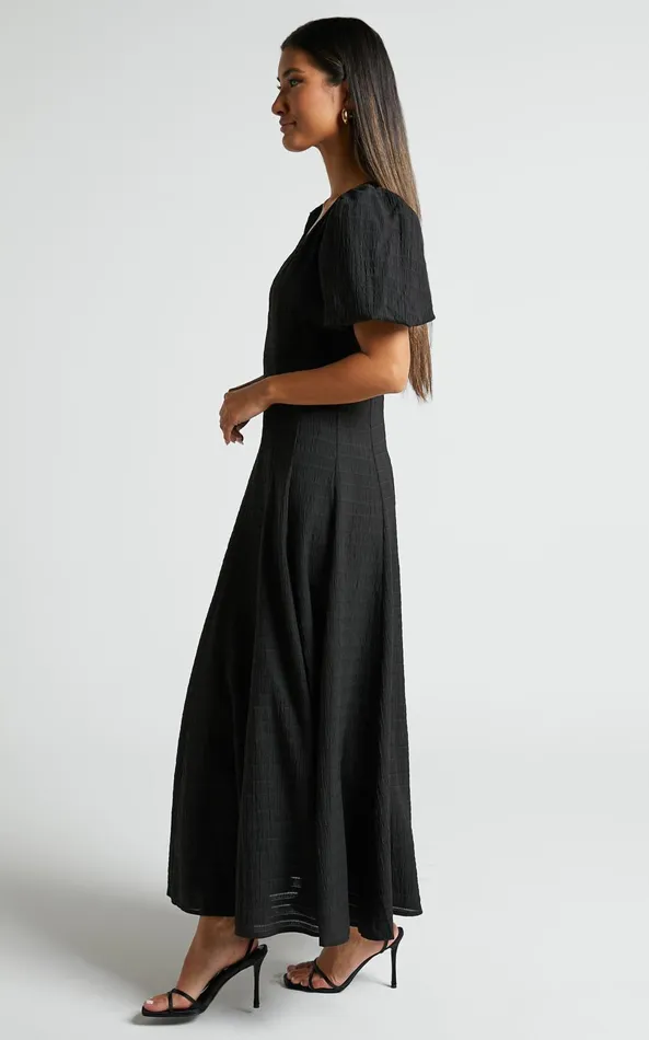 Showpo Jackelyn Midi Dress 8211 Puff Sleeve V Neck Dress In Black Women Dresses