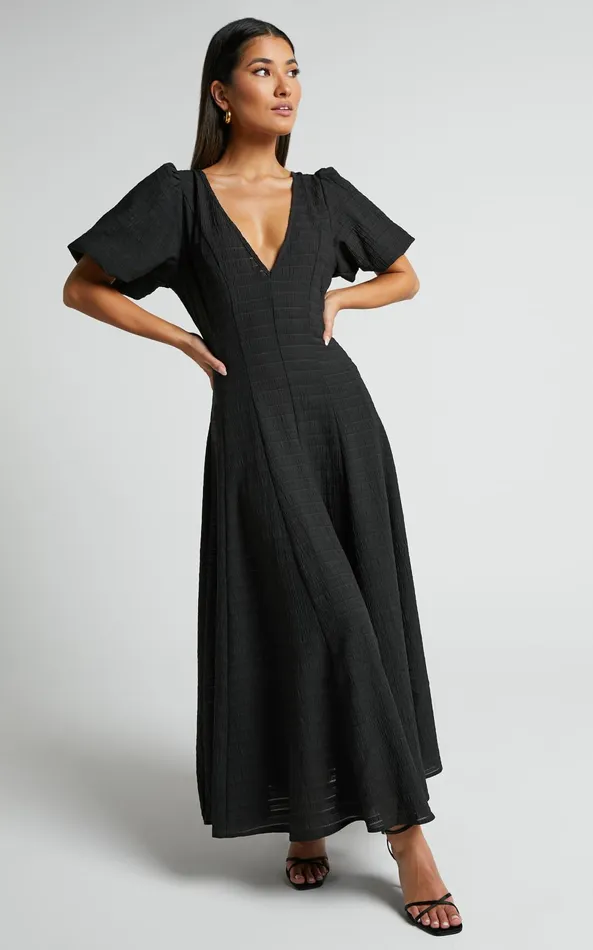 Showpo Jackelyn Midi Dress 8211 Puff Sleeve V Neck Dress In Black Women Dresses