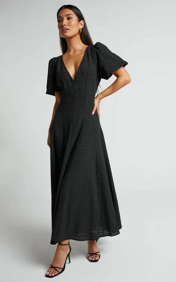 Showpo Jackelyn Midi Dress 8211 Puff Sleeve V Neck Dress In Black Women Dresses
