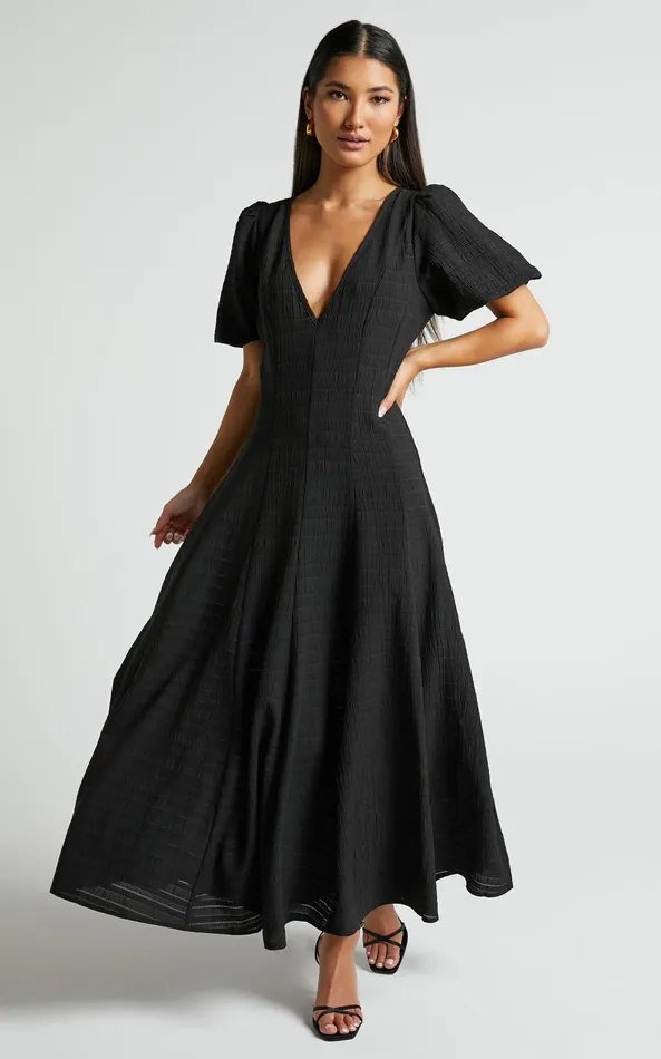 Showpo Jackelyn Midi Dress 8211 Puff Sleeve V Neck Dress In Black Women Dresses