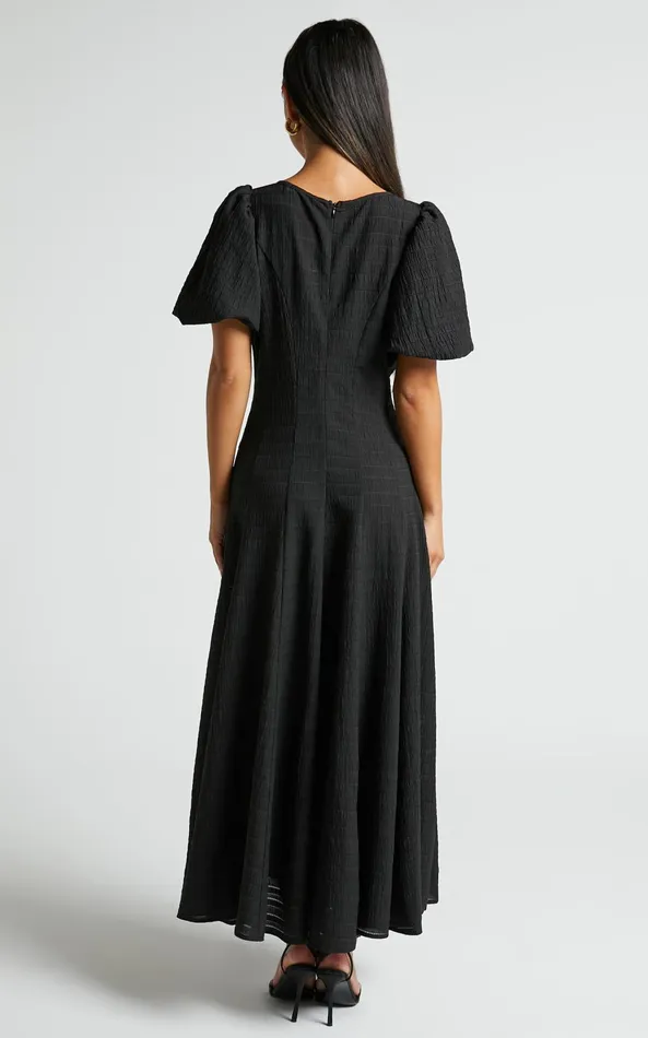 Showpo Jackelyn Midi Dress 8211 Puff Sleeve V Neck Dress In Black Women Dresses