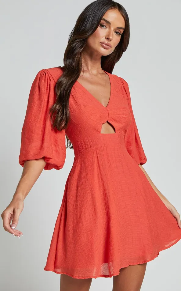 Showpo Jackielyn Mini Dress 8211 Front Cut Out V Neck Puff Sleeve A Line Dress In Papaya Women Dresses Showpo Jackielyn Mini Dress 8211 Front Cut Out V Neck Puff Sleeve A Line Dress In Papaya Women Dresses
