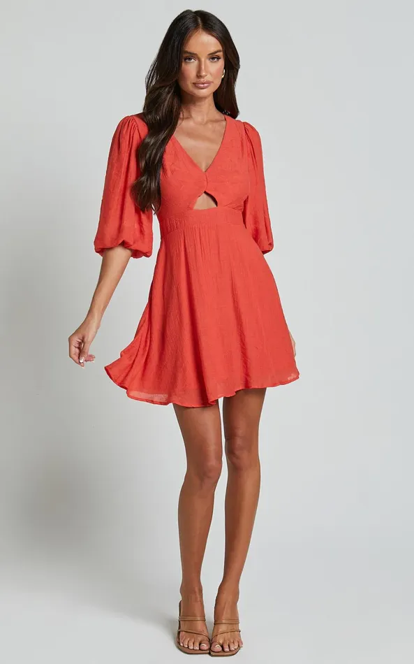 Showpo Jackielyn Mini Dress 8211 Front Cut Out V Neck Puff Sleeve A Line Dress In Papaya Women Dresses