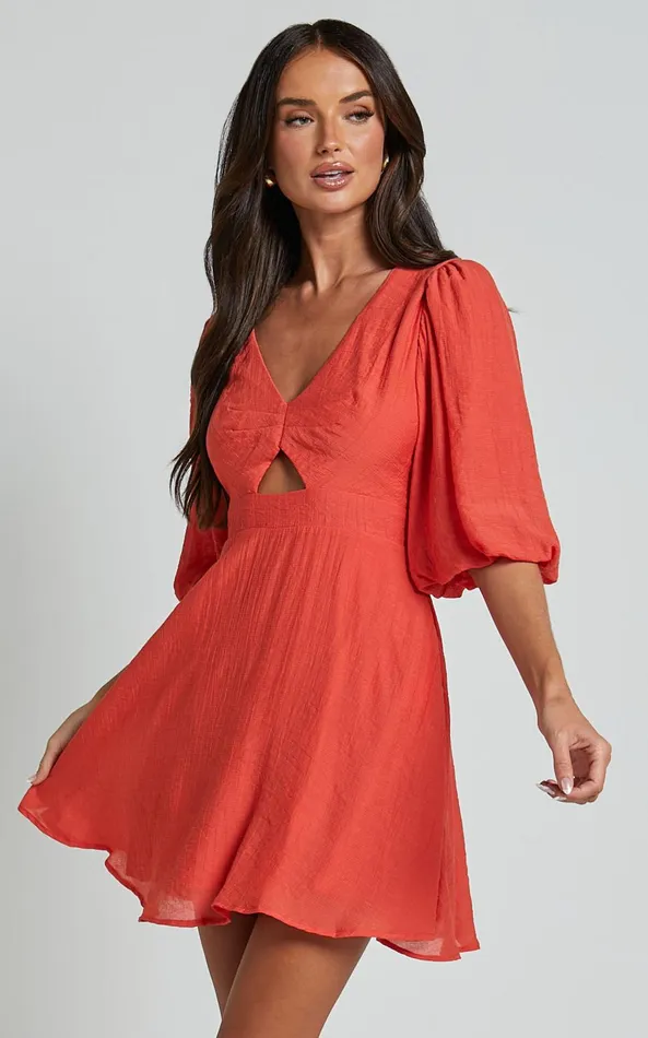 Showpo Jackielyn Mini Dress 8211 Front Cut Out V Neck Puff Sleeve A Line Dress In Papaya Women Dresses