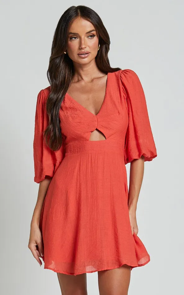 Showpo Jackielyn Mini Dress 8211 Front Cut Out V Neck Puff Sleeve A Line Dress In Papaya Women Dresses
