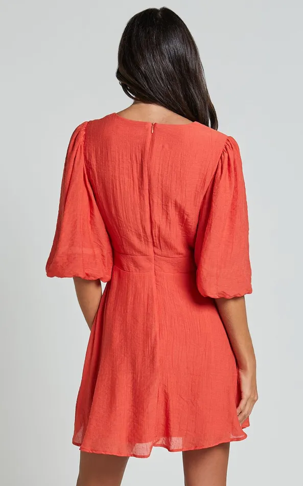 Showpo Jackielyn Mini Dress 8211 Front Cut Out V Neck Puff Sleeve A Line Dress In Papaya Women Dresses