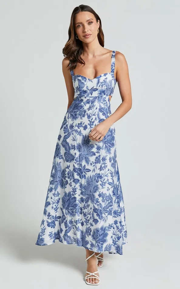 Showpo Jackleyn Midi Dress 8211 Sweetheart A Line Dress In Blue Floral Women Dresses