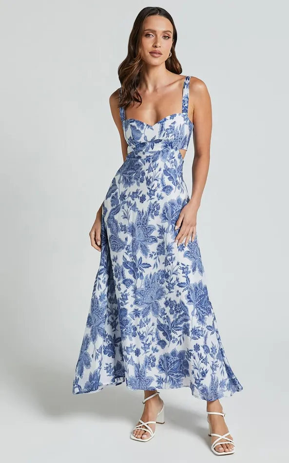 Showpo Jackleyn Midi Dress 8211 Sweetheart A Line Dress In Blue Floral Women Dresses