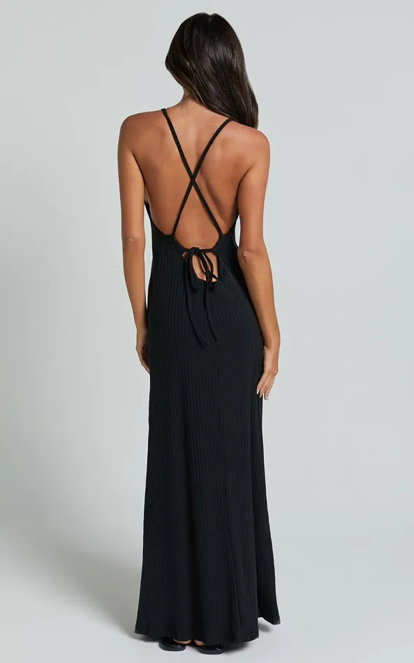 Showpo Jacky Midi Dress 8211 Strappy Plunge Cross Back Tie A Line Dress In Black Women Dresses