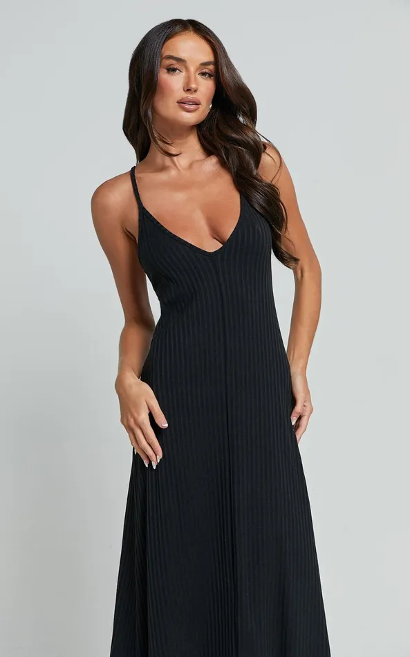 Showpo Jacky Midi Dress 8211 Strappy Plunge Cross Back Tie A Line Dress In Black Women Dresses