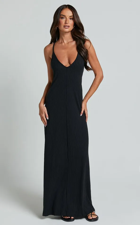 Showpo Jacky Midi Dress 8211 Strappy Plunge Cross Back Tie A Line Dress In Black Women Dresses