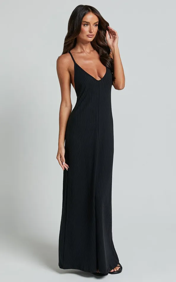 Showpo Jacky Midi Dress 8211 Strappy Plunge Cross Back Tie A Line Dress In Black Women Dresses