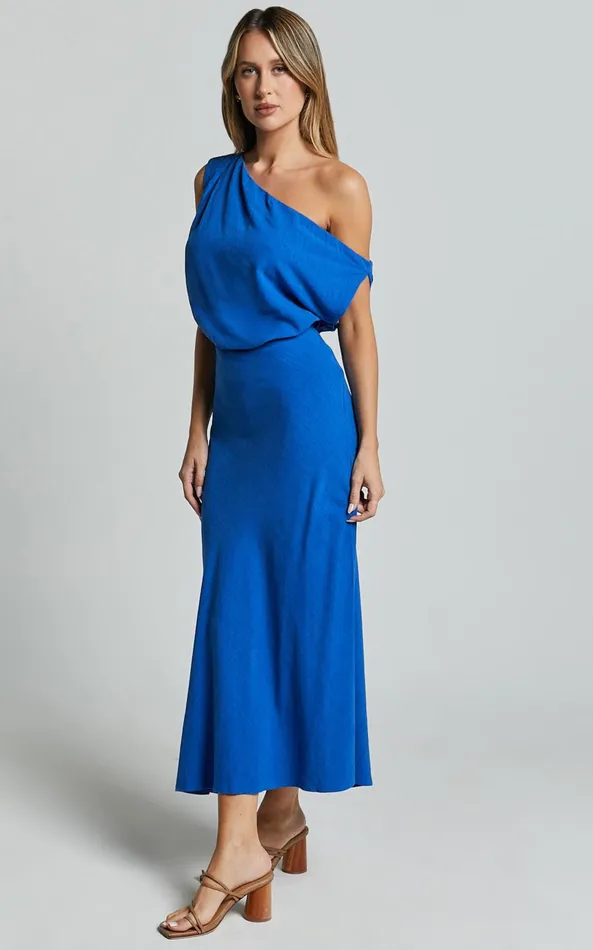 Showpo Jacqueline Midi Dress 8211 Linen Look One Shoulder Dress In Cobalt Women Dresses