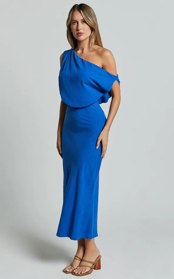 Showpo Jacqueline Midi Dress 8211 Linen Look One Shoulder Dress In Cobalt Women Dresses