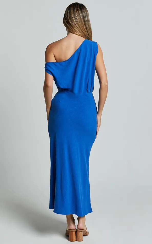 Showpo Jacqueline Midi Dress 8211 Linen Look One Shoulder Dress In Cobalt Women Dresses