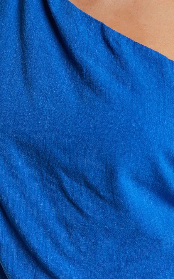 Showpo Jacqueline Midi Dress 8211 Linen Look One Shoulder Dress In Cobalt Women Dresses