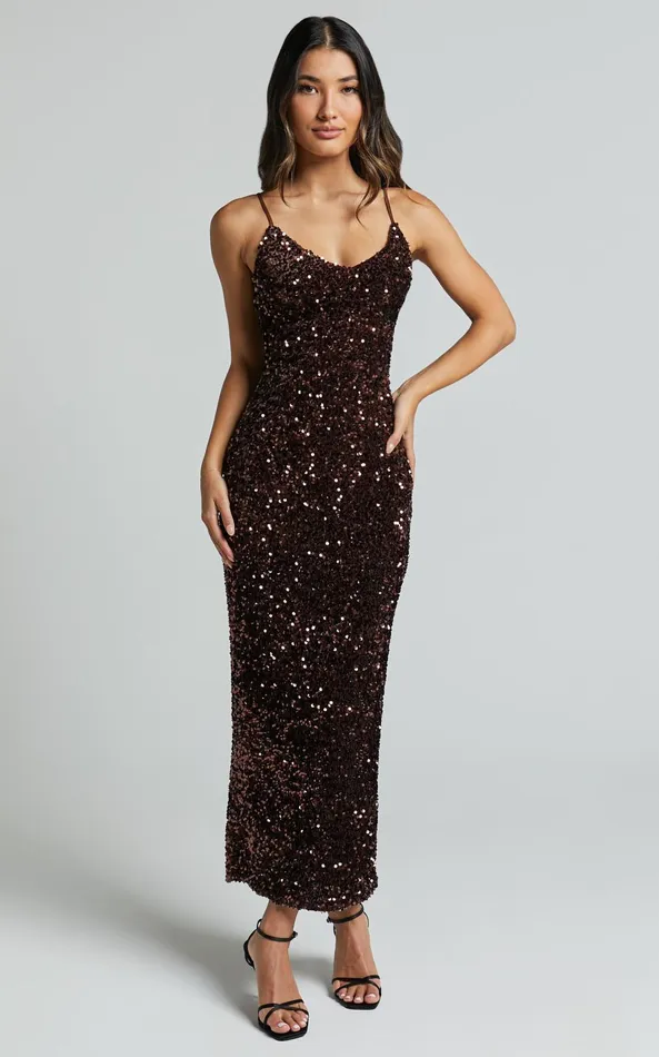 Showpo Jacqueline Midi Dress 8211 Strappy Sequin Slip Dress In Chocolate Women Dresses Showpo Jacqueline Midi Dress 8211 Strappy Sequin Slip Dress In Chocolate Women Dresses