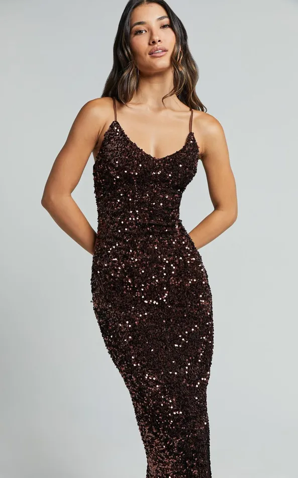 Showpo Jacqueline Midi Dress 8211 Strappy Sequin Slip Dress In Chocolate Women Dresses