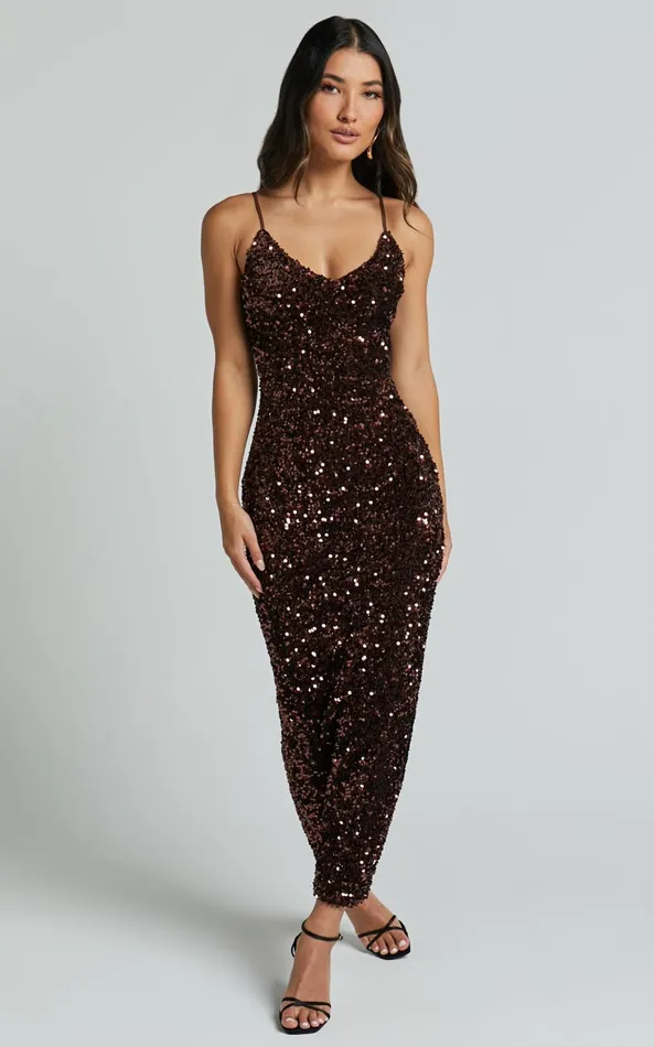 Showpo Jacqueline Midi Dress 8211 Strappy Sequin Slip Dress In Chocolate Women Dresses