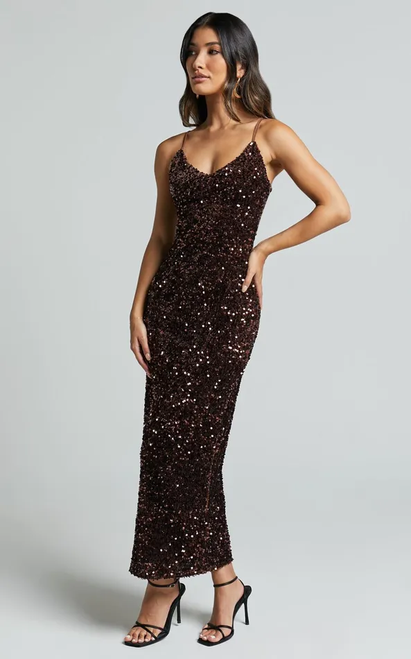 Showpo Jacqueline Midi Dress 8211 Strappy Sequin Slip Dress In Chocolate Women Dresses