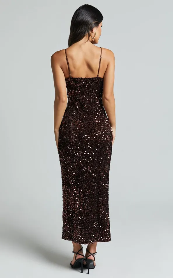 Showpo Jacqueline Midi Dress 8211 Strappy Sequin Slip Dress In Chocolate Women Dresses