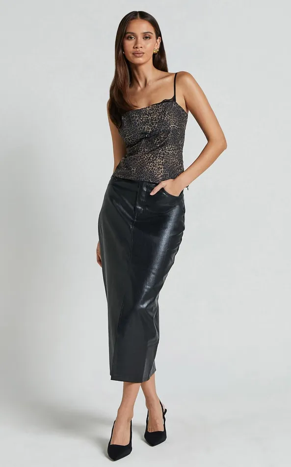 Showpo Jada Cami 8211 Straight Neck Panelled Top With Lace Detail In Leopard Women Tops