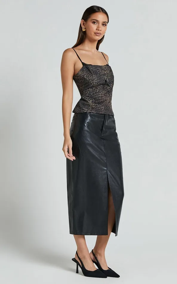 Showpo Jada Cami 8211 Straight Neck Panelled Top With Lace Detail In Leopard Women Tops