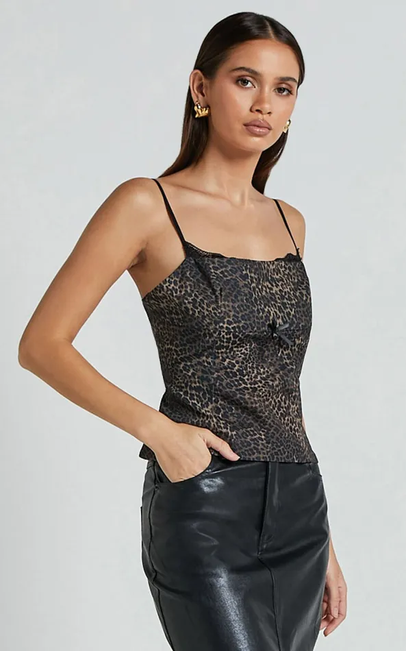 Showpo Jada Cami 8211 Straight Neck Panelled Top With Lace Detail In Leopard Women Tops