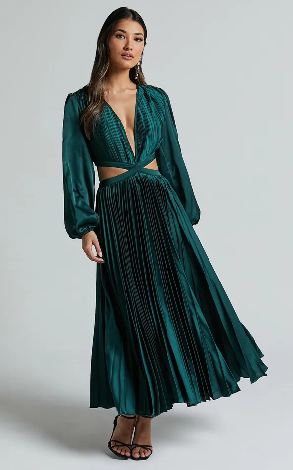 Showpo Jade Midi Dress 8211 Side Cut Out Pleated Balloon Sleeve Dress In Emerald Green Women Dresses Showpo Jade Midi Dress 8211 Side Cut Out Pleated Balloon Sleeve Dress In Emerald Green Women Dresses