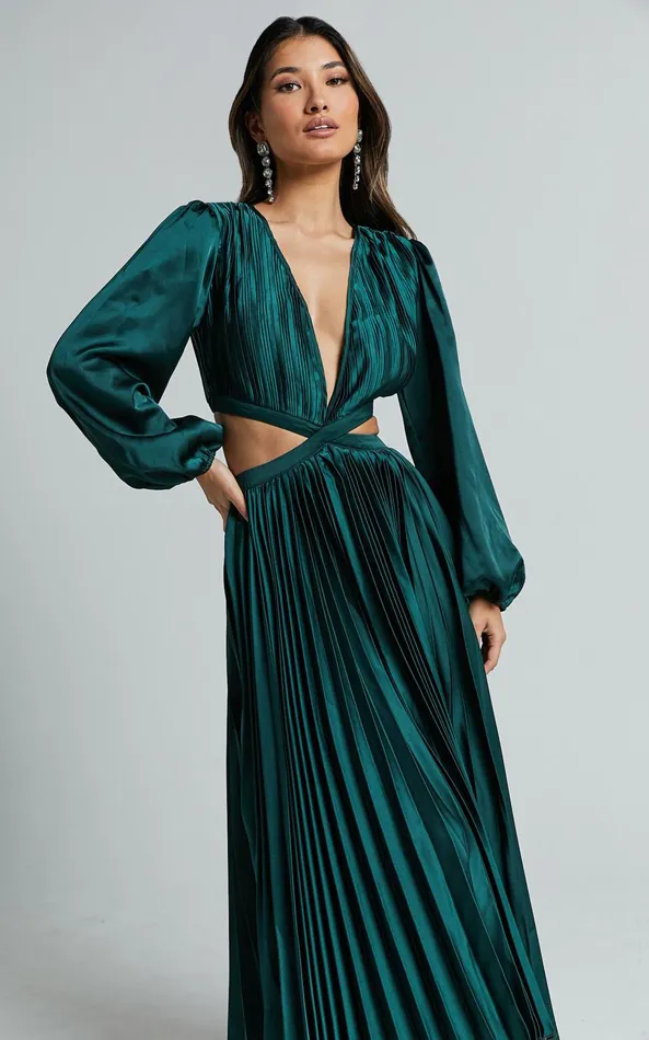 Showpo Jade Midi Dress 8211 Side Cut Out Pleated Balloon Sleeve Dress In Emerald Green Women Dresses
