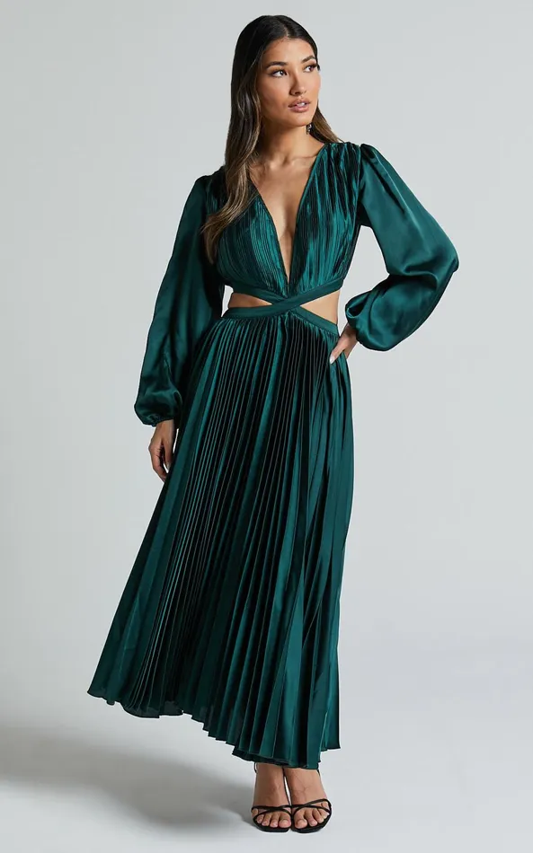 Showpo Jade Midi Dress 8211 Side Cut Out Pleated Balloon Sleeve Dress In Emerald Green Women Dresses