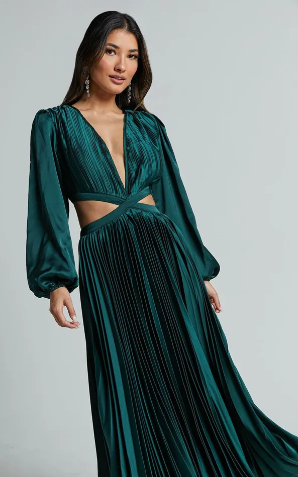 Showpo Jade Midi Dress 8211 Side Cut Out Pleated Balloon Sleeve Dress In Emerald Green Women Dresses