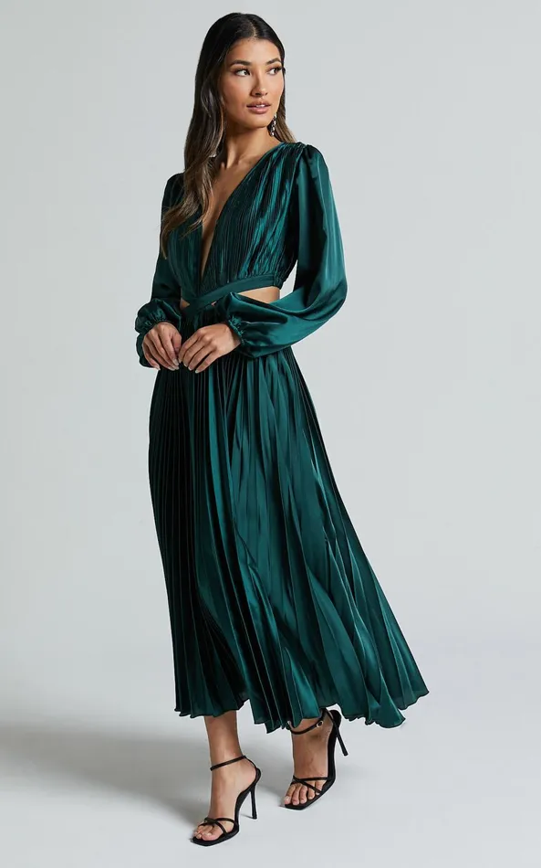 Showpo Jade Midi Dress 8211 Side Cut Out Pleated Balloon Sleeve Dress In Emerald Green Women Dresses