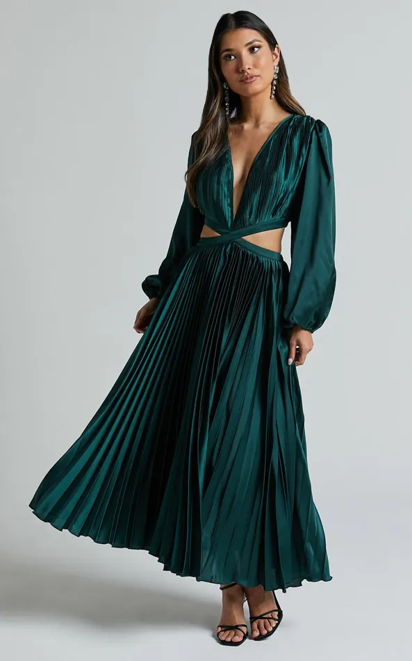 Showpo Jade Midi Dress 8211 Side Cut Out Pleated Balloon Sleeve Dress In Emerald Green Women Dresses