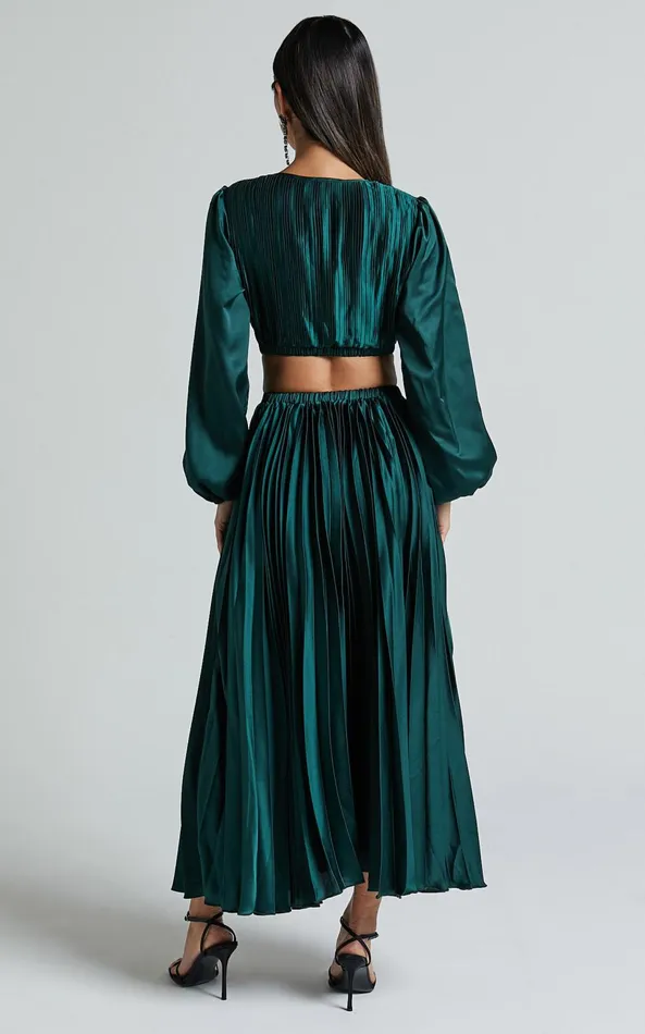 Showpo Jade Midi Dress 8211 Side Cut Out Pleated Balloon Sleeve Dress In Emerald Green Women Dresses
