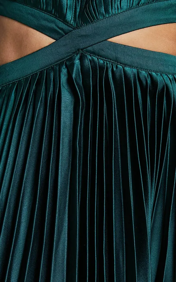 Showpo Jade Midi Dress 8211 Side Cut Out Pleated Balloon Sleeve Dress In Emerald Green Women Dresses