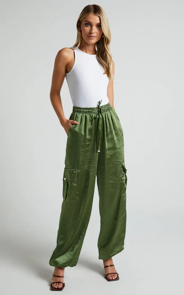Showpo Jadeiah 8211 Mid Rise Cargo Pocket Satin Jogger Pant In Khaki Women Pants
