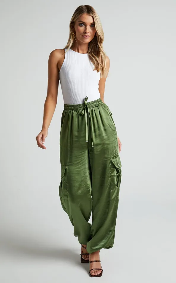 Showpo Jadeiah 8211 Mid Rise Cargo Pocket Satin Jogger Pant In Khaki Women Pants