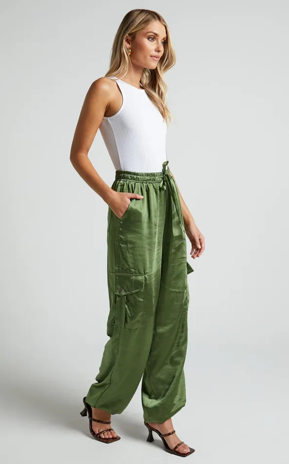 Showpo Jadeiah 8211 Mid Rise Cargo Pocket Satin Jogger Pant In Khaki Women Pants