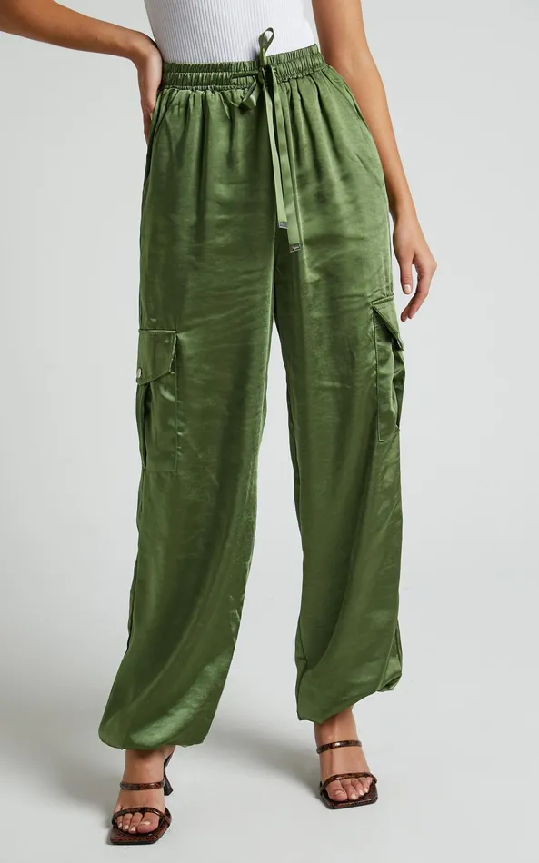 Showpo Jadeiah 8211 Mid Rise Cargo Pocket Satin Jogger Pant In Khaki Women Pants