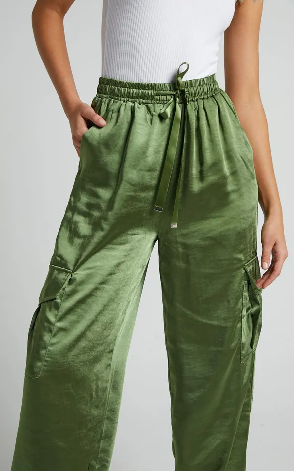 Showpo Jadeiah 8211 Mid Rise Cargo Pocket Satin Jogger Pant In Khaki Women Pants