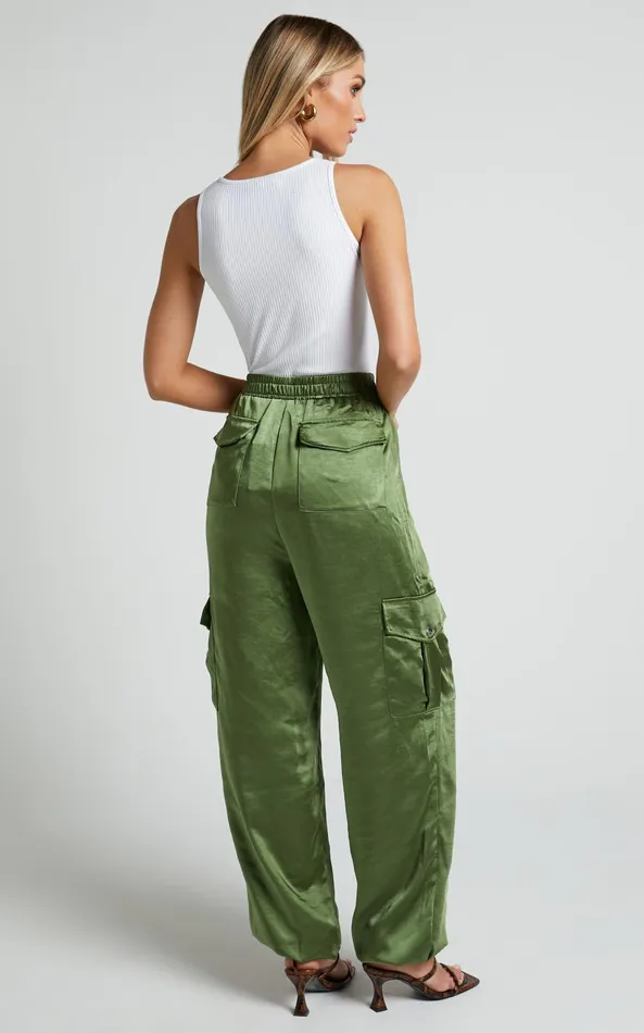 Showpo Jadeiah 8211 Mid Rise Cargo Pocket Satin Jogger Pant In Khaki Women Pants