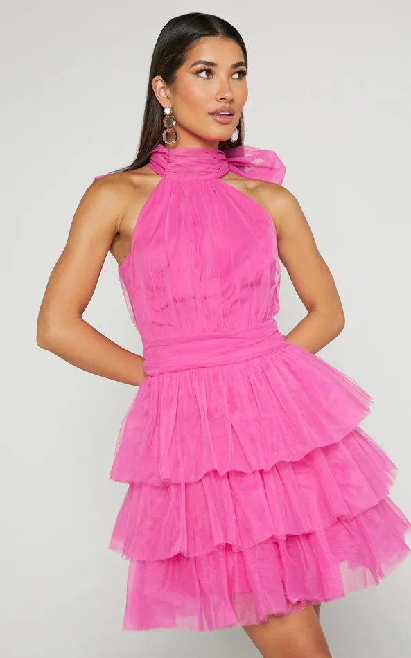 Showpo Jaden Mini Dress 8211 Halter Neck Fit and Flare Dress In Pink Women Dresses