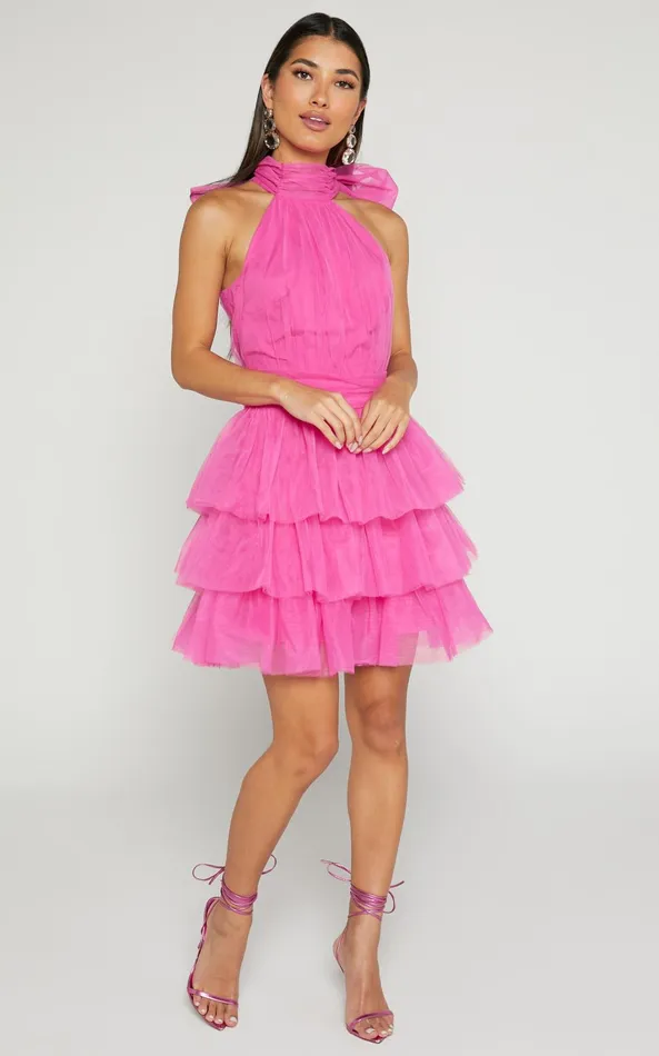 Showpo Jaden Mini Dress 8211 Halter Neck Fit and Flare Dress In Pink Women Dresses
