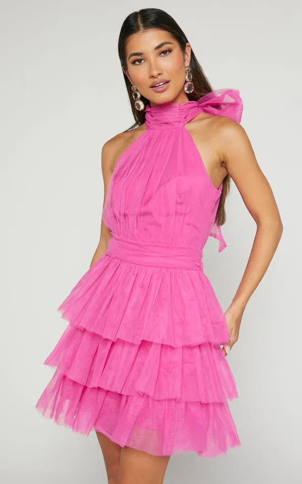 Showpo Jaden Mini Dress 8211 Halter Neck Fit and Flare Dress In Pink Women Dresses