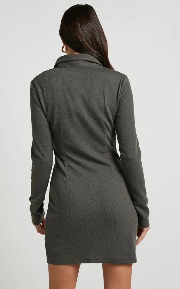 Showpo Jadine Mini Dress 8211 Twist Front Long Sleeve Button Front Dress In Dark Olive Women Basics