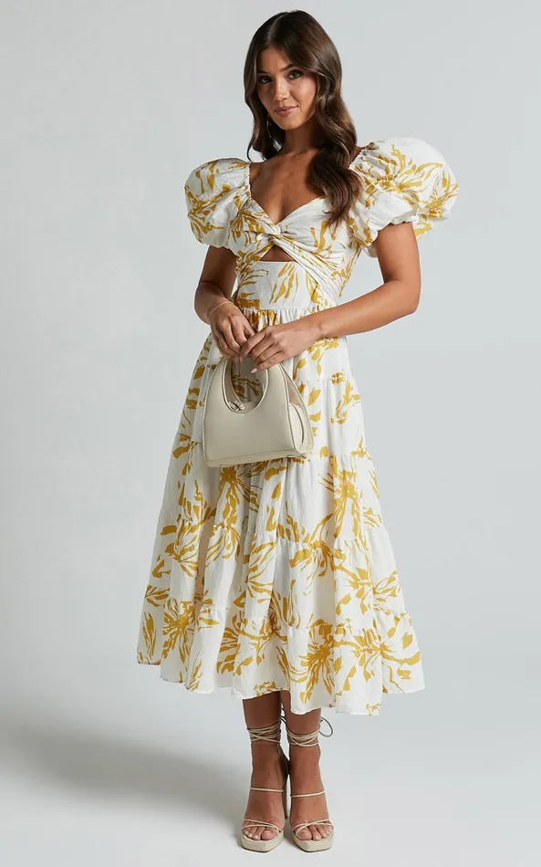 Showpo Jamaella Midi Dress 8211 Short Puff Sleeve Front Cut Out Dress In White Floral Women Dresses Showpo Jamaella Midi Dress 8211 Short Puff Sleeve Front Cut Out Dress In White Floral Women Dresses
