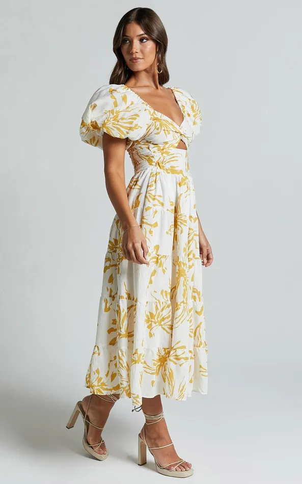 Showpo Jamaella Midi Dress 8211 Short Puff Sleeve Front Cut Out Dress In White Floral Women Dresses
