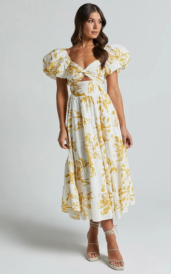 Showpo Jamaella Midi Dress 8211 Short Puff Sleeve Front Cut Out Dress In White Floral Women Dresses